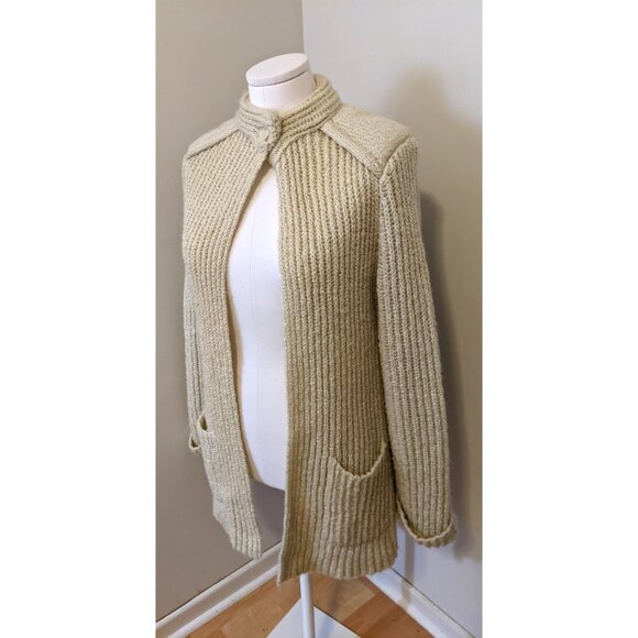 Vintage Heavy Knit Cardigan Retro Layering Chunky Button Belt Beige Grandpa Sz M - Picture 3 of 10